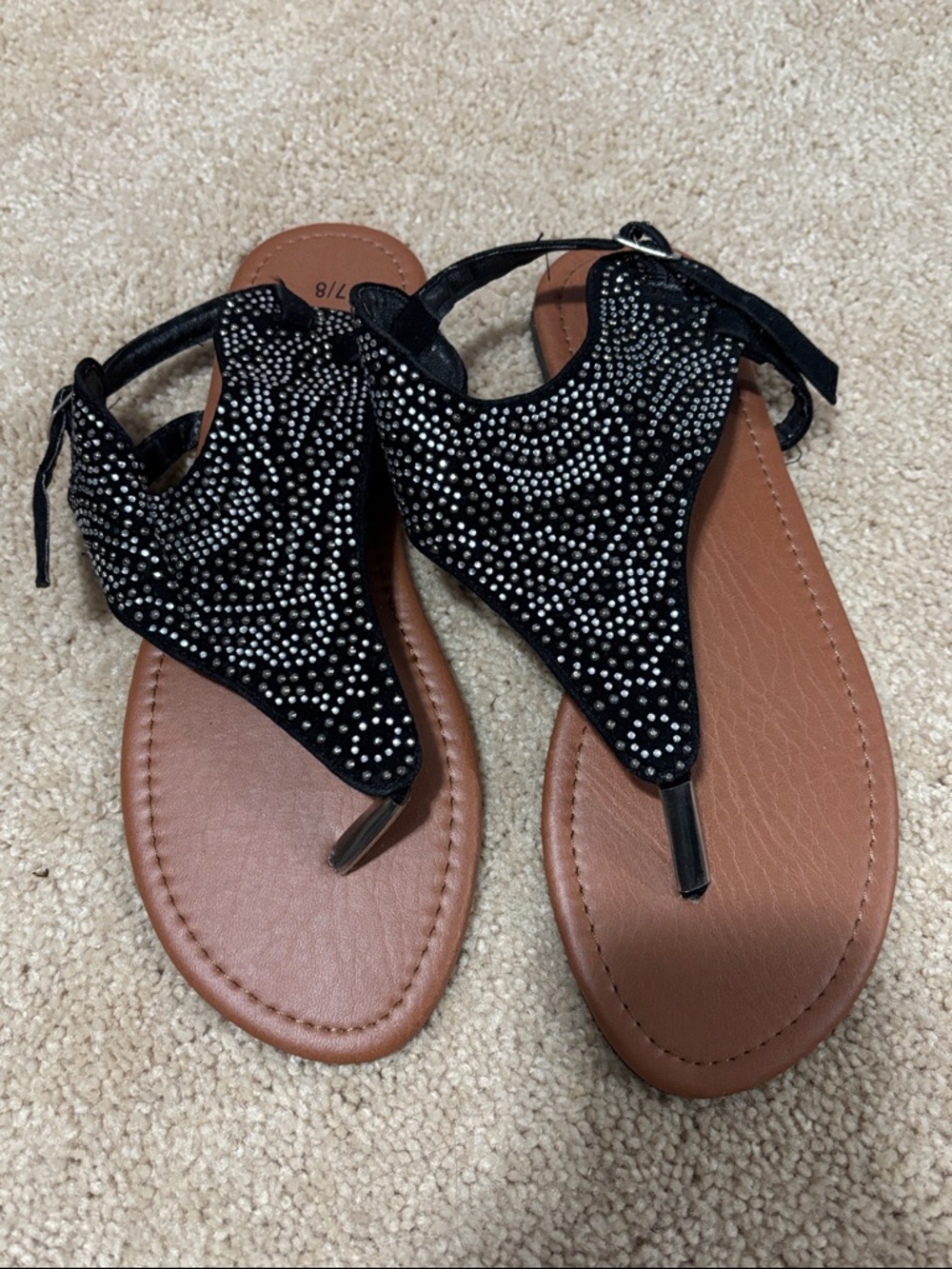 Women's Black Embellished T-Strap Sandals